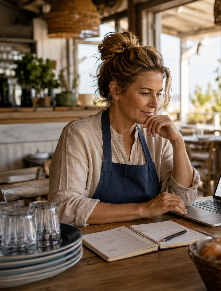Właścicielka małej restauracji przy laptopie w nadmorskim lokalu